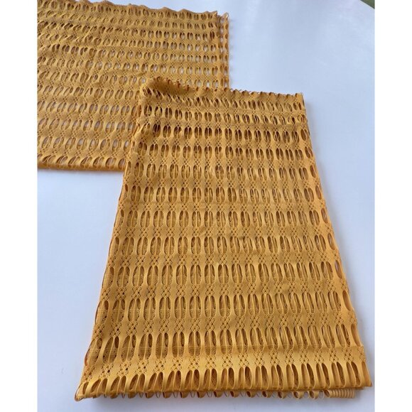 Vintage 70s yellow curtains, soft mesh, funky open weave geometric, pair panels - Picture 8 of 10